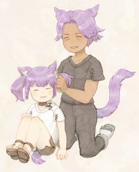 Rule 34 | 1boy, 1girl, adjusting another&#039;s hair, animal ear fluff, animal ears, brother and sister, cat ears, cat girl, cat tail, choker, dark-skinned male, dark skin, facial mark, fang, final fantasy, final fantasy xiv, full body, highres, kneeling, miqo&#039;te, mozuku (mozuuru0323), open mouth, purple hair, sandals, short hair, shorts, siblings, simple background, sitting, tail, two side up