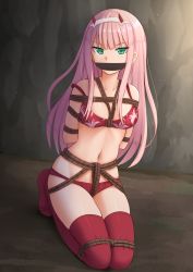 Rule 34 | 10s, 1girl, arms behind back, bare shoulders, bikini, blunt bangs, bound, bound arms, bound legs, breasts, cleavage, collarbone, covered mouth, darling in the franxx, fake horns, female focus, full body, gag, gagged, green eyes, hairband, highres, horns, improvised gag, kazenokaze, kneeling, legs together, long hair, looking at viewer, medium breasts, navel, on ground, print bikini, red bikini, red thighhighs, rope, shibari, shiny skin, sidelocks, solo, stomach, straight hair, strap slip, swimsuit, thighhighs, tied up, tsurime, v-shaped eyebrows, very long hair, white hairband, zero two (darling in the franxx)