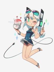 Rule 34 | 1girl, ;q, anklet, artist name, bare shoulders, blue one-piece swimsuit, blush, bowl, bracelet, braid, cable, chibi, commentary, covered navel, dated, digitan (porforever), electric plug, english commentary, eyewear on head, food, full body, grey background, headphones, highres, holding, holding spoon, jewelry, long hair, looking at viewer, one-piece swimsuit, one eye closed, original, porforever, power symbol, shaved ice, simple background, solo, sparkle, spoon, star-shaped pupils, star (symbol), sunglasses, swimsuit, symbol-shaped pupils, tail, tongue, tongue out, twin braids, white hair