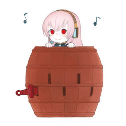 Rule 34 | 1girl, barrel, chibi, female focus, headphones, matayoshi, megurine luka, musical note, pink hair, pop-up pirate, red eyes, smile, solo, sword, vocaloid, weapon, white background