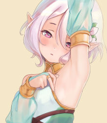 Rule 34 | 1girl, arm up, armpit focus, armpits, bare shoulders, blush, commentary request, detached sleeves, eyelashes, fingernails, flower, green background, hair between eyes, hair flower, hair ornament, head tilt, highres, kokkoro (princess connect!), kuroshiro00, looking at viewer, parted lips, pink eyes, pointy ears, presenting armpit, princess connect!, solo, upper body, white flower
