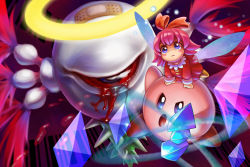 Rule 34 | 1girl, 2boys, angel, bandages, battle, blood, bloody tears, blue eyes, blush stickers, crying, crystal, fairy, gun, halo, kirby, kirby (series), kirby 64, monster, multiple boys, nintendo, open mouth, pink hair, red eyes, ribbon (kirby), spoilers, tears, weapon, wings, zero two (kirby)