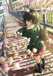 Rule 34 | 1girl, adjusting hair, aqua eyes, bag, black footwear, black hair, black thighhighs, bridge, cherry blossoms, dutch angle, from behind, full body, green jacket, hand up, handbag, highres, jacket, loafers, long sleeves, looking at viewer, looking back, original, outdoors, over-kneehighs, parted lips, perspective, petals, railing, red skirt, revision, shadow, shoes, short hair, skirt, solo, sugi87, sunlight, thighhighs, town, wind