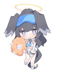 Rule 34 | 1girl, animal ears, bangle, bare shoulders, black hair, blue archive, blue eyes, blush, bracelet, breasts, cheerleader, chibi, clothes pull, dog ears, dog girl, dog tail, eyewear on head, full body, goggles, goggles on head, halo, hibiki (blue archive), hibiki (cheer squad) (blue archive), holding, holding pom poms, jewelry, long hair, looking at viewer, mikozin, millennium cheerleader outfit (blue archive), navel, official alternate costume, pom pom (cheerleading), pom poms, simple background, skirt, skirt pull, sleeveless, solo, sticker on face, tail, text print, white background, white skirt, yellow halo