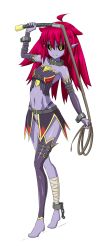 Rule 34 | 1girl, actinium89, ahoge, asymmetrical legwear, bandages, barefoot, belt, black sclera, collar, colored sclera, colored skin, cuffs, demon girl, elbow gloves, full body, gloves, highres, looking at viewer, original, pointy ears, purple skin, red hair, revealing clothes, shackles, smile, solo, uneven legwear, whip, yellow eyes