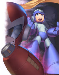 Rule 34 | 3boys, android, arm cannon, aura, blue eyes, capcom, commentary request, dark aura, dark man, dr. light (mega man), evil grin, evil smile, grin, looking at viewer, male focus, mega man (character), mega man (classic), mega man (series), mega man 5, multiple boys, open mouth, proto man, protoman (rockman), reflection, rotix, scarf, smile, sunglasses, teeth, upper teeth only, weapon, yellow scarf