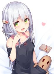 Rule 34 | 1girl, artist name, bag, black dress, blush, collarbone, dated, dress, food-themed hair ornament, green eyes, grey hair, hair ornament, heart, highres, holding, holding own hair, long hair, looking at viewer, off shoulder, one side up, open mouth, original, signature, sitting, smile, solo, tsuchikure