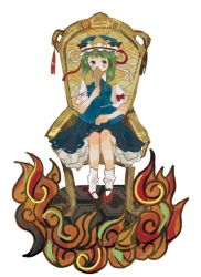 Rule 34 | 1girl, chair, fire, green eyes, green hair, hat, matching hair/eyes, onigiri (ginseitou), ribbon, rod of remorse, shiki eiki, short hair, sitting, skirt, solo, touhou
