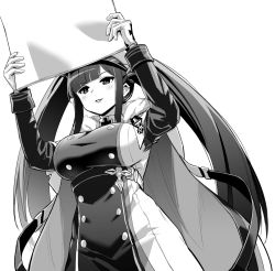 Rule 34 | 1girl, azur lane, breasts, calendar (object), gloves, greyscale, hat, hori (hori no su), large breasts, long hair, medallion, monochrome, peaked cap, peter strasser (azur lane), twintails, very long hair