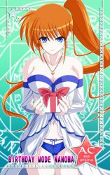 Rule 34 | 1girl, bare shoulders, blue eyes, breasts, brown hair, cleavage, detached sleeves, gift, large breasts, long hair, looking at viewer, lyrical nanoha, ponytail, side ponytail, smile, solo, takamachi nanoha, tappa (esperanza)