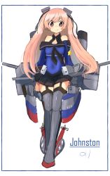 Rule 34 | 1girl, adapted turret, artist logo, black skirt, black thighhighs, blue shirt, cannon, character name, full body, garter straps, highres, johnston (kancolle), kantai collection, light brown hair, long hair, looking at viewer, ma rukan, machinery, off shoulder, pleated skirt, red eyes, sailor collar, school uniform, serafuku, shin guards, shirt, simple background, skirt, smokestack, solo, thighhighs, turret, two side up, united states medal of honor, white background