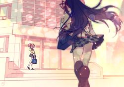 Rule 34 | 10s, 2girls, akemi homura, artist request, back, bad id, bad twitter id, bag, black hair, black socks, blurry, bokeh, bow, bowtie, brown footwear, building, clothes lift, depth of field, door, faceless, floating hair, from behind, hair ribbon, hairband, holding, holding bag, juliet sleeves, kaname madoka, kneehighs, lace-trimmed sleeves, lace trim, long hair, long sleeves, looking at another, mahou shoujo madoka magica, mahou shoujo madoka magica (anime), miniskirt, multiple girls, outdoors, pink hair, plaid, plaid skirt, pleated skirt, puffy sleeves, purple hair, red bow, red bowtie, red hairband, red ribbon, ribbon, school uniform, shade, shoes, short hair, short twintails, shoulder bag, signature, skirt, skirt lift, sleeves rolled up, socks, stairs, standing, thighhighs, twintails, upskirt, v arms, very long hair, waiting, walking, wind, wind lift, zettai ryouiki