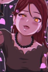 Rule 34 | 1girl, birthday, female focus, long hair, looking at viewer, love live!, love live! sunshine!!, oekaki, open mouth, red hair, sakurauchi riko, simple background, smile, solo, uneven eyes, yellow eyes