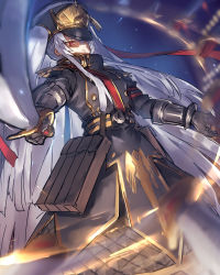 Rule 34 | 1girl, altair (re:creators), black gloves, gloves, hat, highres, holding, holding sword, holding weapon, long hair, melon22, military, military hat, military uniform, re:creators, red eyes, silver hair, solo, sword, twintails, uniform, very long hair, weapon