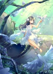 Rule 34 | 1girl, anklet, bare arms, bare shoulders, barefoot, bird, black hair, blue eyes, blush, branch, closed mouth, commentary request, dappled sunlight, day, dress, jewelry, kuga tsukasa, long hair, looking at viewer, original, outdoors, ruins, science fiction, sitting, sundress, sunlight