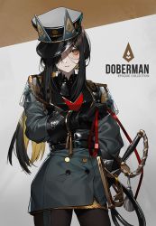 Rule 34 | 1girl, animal ears, arknights, belt, black gloves, black hair, black hat, blonde hair, buttons, character name, cowboy shot, dobermann (arknights), dobermann (lieutenant) (arknights), gloves, grey jacket, hand up, hat, holding, holding sword, holding weapon, jacket, lentain, long sleeves, military, military hat, military uniform, mole, mole under eye, multicolored hair, official alternate costume, one eye covered, pantyhose, peaked cap, saber (weapon), scabbard, sheath, sheathed, short hair, sidelocks, solo, sword, tassel, two-tone hair, uniform, weapon, whip, yellow eyes
