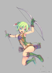 Rule 34 | 1girl, armpits, arrow (projectile), bad id, bad pixiv id, blue eyes, bow (weapon), gloves, green hair, last summoner, official art, open mouth, piro (artist), piro (orip), robin hood (last summoner), weapon