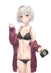 Rule 34 | 1girl, absurdres, bare shoulders, black bra, black panties, blush, bra, braid, breasts, closed mouth, collarbone, cowboy shot, cup, gluteal fold, groin, highres, holding, holding cup, kimyo, long sleeves, looking at viewer, navel, off shoulder, original, panties, qr code, short hair, silver hair, simple background, sleeves past wrists, small breasts, solo, thigh gap, underwear, white background