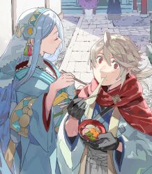 Rule 34 | 1boy, 1girl, :t, aisutabetao, azura (fire emblem), azura (new year) (fire emblem), blue hair, closed eyes, corrin (fire emblem), corrin (male) (fire emblem), corrin (male) (new year) (fire emblem), eating, fire emblem, fire emblem fates, fire emblem heroes, food, gloves, hair between eyes, highres, holding, holding food, japanese clothes, kimono, long hair, looking at viewer, nintendo, official alternate costume, pointy ears, red eyes, scarf, short hair, white hair