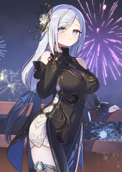 Rule 34 | 1girl, bare shoulders, black dress, blue bow, blush, bow, breasts, commentary request, covered navel, cowboy shot, detached sleeves, dress, fireworks, genshin impact, grey eyes, hair bow, hand up, highres, large breasts, long hair, long sleeves, looking at viewer, revision, shenhe (frostflower dew) (genshin impact), shenhe (genshin impact), sleeveless, sleeveless dress, solo, standing, very long hair, white hair, zenshin