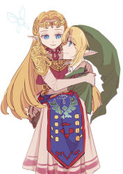 Rule 34 | 1boy, 1girl, absurdres, armor, arms around neck, blonde hair, blue eyes, blue tabard, carrying, chinese commentary, circlet, closed mouth, collared shirt, commentary, dress, ear piercing, elbow gloves, eyelashes, fairy, fairy wings, gloves, gold armor, green headwear, green tunic, hand on another&#039;s shoulder, highres, layered sleeves, link, long dress, long hair, long sleeves, looking at another, navi, nintendo, parted lips, piercing, pointy ears, pointy hat, princess carry, princess zelda, purple trim, purple vest, shirt, shocho (shaojiujiu), short hair, short over long sleeves, short sleeves, shoulder pads, smile, strap, tabard, the legend of zelda, the legend of zelda: ocarina of time, triforce print, vest, white background, white dress, white gloves, white shirt, wings