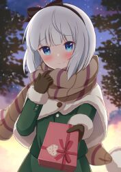 Rule 34 | 1girl, black hairband, blue eyes, blurry, blurry background, brown gloves, brown scarf, capelet, closed mouth, fur trim, gift, gloves, grey hair, hairband, holding, holding gift, konpaku youmu, long sleeves, night, outdoors, scarf, short hair, sky, smile, solo, star (sky), starry sky, touhou, upper body, white capelet, winter clothes, yuki (user tjvn3757)