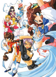 Rule 34 | 1990s (style), 6+girls, aqua eyes, arm strap, arm up, bandaged arm, bandaged leg, bandages, bent over, black hair, black skirt, blonde hair, blue eyes, blue hair, blunt bangs, breasts, brown hair, china dress, chinese clothes, choker, cleavage, corvette hiyards, dress, earrings, fingerless gloves, gloves, green eyes, hair ornament, hair ribbon, hairband, high heels, highres, holding, holding microphone, hoop earrings, idol project, jewelry, kaidou extra, long hair, long sleeves, looking at viewer, medium breasts, microphone, midriff, mimu emilton, multiple girls, navel, official art, open mouth, own hands together, pink hair, purple hair, ranrang palpu, red eyes, retro artstyle, ribbon, rimless eyewear, round eyewear, ruka essenpolka, sash, scan, short hair, short sleeves, simmons layla-b., simple background, skirt, suzukaze shion, thighhighs, twintails, v, very long hair, white background, white legwear, yellow eyes