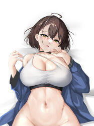 Rule 34 | 1girl, absurdres, ahoge, azur lane, baltimore (azur lane), bare shoulders, bed sheet, black choker, blue jacket, bottomless, braid, breasts, brown hair, choker, cleavage, collarbone, commentary request, cowboy shot, french braid, groin, hair between eyes, highres, jacket, large breasts, long sleeves, looking at viewer, lying, mippei, navel, off shoulder, official alternate costume, on back, open clothes, open jacket, open mouth, out-of-frame censoring, partial commentary, short hair, sidelocks, solo, sports bra, stomach, white sports bra, yellow eyes