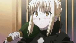 Rule 34 | 1girl, ahoge, animated, animated gif, artoria pendragon (all), artoria pendragon (fate), blonde hair, blush, carnival phantasm, fate (series), hair over eyes, lowres, ribbon, saber (fate), saber alter, saber class (fate), screencap, smoke, solo, surprised, transformation, type-moon, yellow eyes