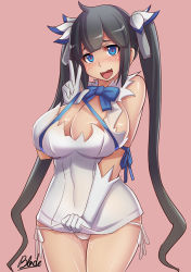 Rule 34 | 10s, 1girl, black hair, blue eyes, breasts, cleavage, dungeon ni deai wo motomeru no wa machigatteiru darou ka, gloves, heart, heart-shaped pupils, hestia (danmachi), huge breasts, long hair, panties, pink background, pussy juice, qblade, rei no himo, ribbon, side-tie panties, simple background, smile, solo, symbol-shaped pupils, twintails, underwear, wavy mouth, white gloves