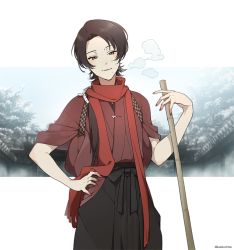 Rule 34 | 10s, brown hair, dalc rose, earrings, hand on own hip, japanese clothes, jewelry, kashuu kiyomitsu, male focus, mole, mole under mouth, nail polish, outdoors, red eyes, scarf, smile, solo, touken ranbu, twitter username, winter