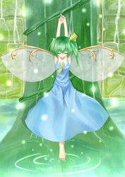 Rule 34 | 1girl, armpits, arms up, bow, breasts, cleavage, clenched hand, daiyousei, closed eyes, fairy wings, female focus, green hair, hair bow, head tilt, highres, light particles, no mouth, ochakan, plant, ripples, short hair, side ponytail, solo, stone wall, tiptoes, touhou, tree, vines, wall, water, wings
