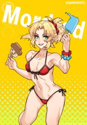 Rule 34 | 1girl, abs, bikini, blonde hair, bracelet, breasts, character name, fate/grand order, fate (series), food, green eyes, highres, jewelry, looking at viewer, meow on road, mordred (fate), mordred (fate) (all), mordred (fate/apocrypha), mordred (swimsuit rider) (fate), mordred (swimsuit rider) (first ascension) (fate), ponytail, popsicle, red bikini, red scrunchie, scrunchie, side-tie bikini bottom, small breasts, smile, solo, swimsuit, teeth, thighs, upper teeth only, yellow background