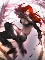Rule 34 | 1girl, a-line, belt, black bra, black footwear, black jacket, black pants, blurry, boots, bra, breasts, cropped jacket, debris, depth of field, dual wielding, floating hair, glint, gloves, highres, holding, holding sword, holding weapon, jacket, katarina (league of legends), large breasts, league of legends, lens flare, long hair, looking at viewer, midriff, motion blur, navel, outstretched arm, pants, red hair, red lips, ribs, scar, scar across eye, scar on face, shade, short sword, smile, solo, stomach, sword, thigh strap, underwear, weapon, yellow eyes