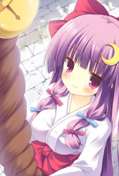Rule 34 | 1girl, alternate costume, blush, breasts, crescent, crescent hair ornament, female focus, hair ornament, japanese clothes, jitome, large breasts, miko, patchouli knowledge, purple eyes, purple hair, smile, solo, touhou, yamucha