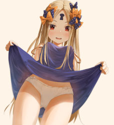 Rule 34 | 1girl, abigail williams (fate), bare shoulders, black bow, black dress, blonde hair, bow, breasts, clothes lift, dress, dress lift, fate/grand order, fate (series), forehead, frilled panties, frills, hair bow, highres, keyhole, long hair, multiple bows, orange bow, panties, parted bangs, polka dot, polka dot bow, red eyes, sakazakinchan, simple background, small breasts, thighs, underwear, white panties