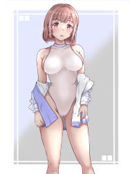 Rule 34 | 1girl, breasts, brown eyes, competition swimsuit, contrapposto, cowboy shot, highres, jacket, large breasts, light brown hair, looking at viewer, mashinatsu, one-piece swimsuit, original, short hair, solo, standing, swimsuit, turtleneck, white jacket, white one-piece swimsuit