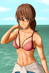 Rule 34 | 1girl, abs, absurdres, bare shoulders, beach, bikini, bikini pull, bikini top only, breasts, brown hair, clothes pull, collarbone, day, highres, looking at viewer, medium breasts, muscular, muscular female, navel, ocean, open mouth, original, outdoors, seaside, shirt, shorts, simple background, smile, swimsuit, tied shirt
