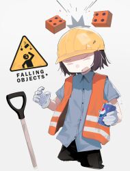 Rule 34 | &gt; &lt;, 1girl, black pants, blue shirt, brick, brown hair, can, ccg, drink can, falling rock, gloves, grey background, highres, jacket, open mouth, orange jacket, original, pants, shirt, shovel, sign, simple background, soda can, solo, warning sign, white gloves, yellow headwear
