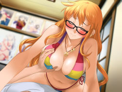 Rule 34 | 1girl, bare arms, bare legs, bikini, black-framed eyewear, blonde hair, blush, breasts, cleavage, closed eyes, closed mouth, clownculture, cosplay, covered erect nipples, embarrassed, glasses, grabbing, grabbing another&#039;s breast, highres, indoors, jewelry, large breasts, legs, long hair, lying, nami (one piece), nami (one piece) (cosplay), navel, necklace, one piece, original, pov, sitting, sitting on person, smile, solo focus, string bikini, striped bikini, striped clothes, swimsuit, thighs