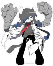 Rule 34 | 1boy, animal ears, belt, blue hair, blue tips, cleta, coat, fang, four armed, full body, glasses, grey hair, hair over one eye, holding, holding knife, holding weapon, humanization, knife, kokum0tsu, lab coat, long hair, looking to the side, male focus, mechanical arms, monster boy, multicolored hair, open mouth, original, ponytail, red eyes, shirt tucked in, solo, solo focus, tail, weapon, white background