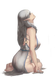 Rule 34 | 1girl, bad id, bad pixiv id, bare shoulders, barefoot, breasts, dress, full body, highres, huge breasts, long hair, looking up, no bra, no panties, original, pointy ears, sideboob, silver hair, simple background, sitting, sky of morika, solo, white background