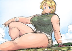 Rule 34 | 1girl, bakugeki no g, blonde hair, blue eyes, breasts, curvy, frown, giant, giantess, huge giantess, hunter rank e, large breasts, looking at viewer, original, short hair, shorts, sitting, sleeveless, solo, thick thighs, thighs