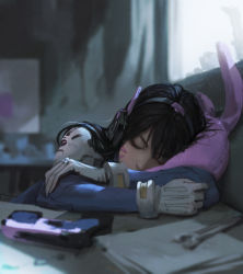 Rule 34 | 1girl, blue bodysuit, blurry, blurry foreground, bodysuit, brown hair, closed eyes, commentary, d.va (overwatch), depth of field, derivative work, english commentary, facial mark, gloves, gun, handgun, headphones, highres, long hair, overwatch, overwatch 1, photo-referenced, photorealistic, pillow, pilot suit, pistol, rabbit-shaped pillow, realistic, rui li, shoulder pads, sleeping, solo, upper body, weapon, whisker markings, white gloves, wrench