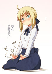 Rule 34 | ..., 1girl, ahoge, artoria pendragon (all), artoria pendragon (fate), blonde hair, blush, embarrassed, fate/stay night, fate (series), frown, gradient background, green eyes, hair ribbon, hands on lap, lap pillow invitation, looking at viewer, pantyhose, patting, patting lap, ribbon, saber (fate), sidelocks, sitting, skirt, solo, sweatdrop, translated, umino mokuzu (shizumisou)