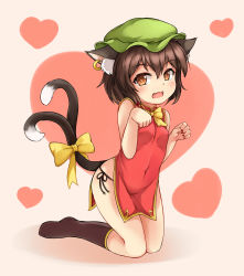 Rule 34 | 1girl, :3, animal ears, bare arms, black panties, black socks, breasts, brown eyes, brown hair, cat ears, cat tail, chen, china dress, chinese clothes, covered navel, dress, earrings, fangs, green hat, hat, heart, highres, jewelry, kneehighs, kneeling, looking at viewer, mob cap, multiple tails, nail polish, panties, red nails, short dress, side-tie panties, side slit, single earring, small breasts, socks, solo, tail, touhou, two tails, underwear, yangshangshu