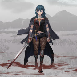 Rule 34 | 1girl, aizumi240326, armor, black shorts, blood, blood in hair, blood on face, bloody weapon, blue eyes, blue hair, byleth (female) (fire emblem), byleth (fire emblem), closed mouth, clothing cutout, dagger, fire emblem, fire emblem: three houses, highres, holding, holding sword, holding weapon, knife, navel cutout, nintendo, pantyhose, sheath, sheathed, short shorts, shorts, solo, sword, weapon
