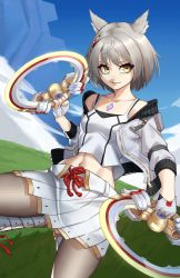 Rule 34 | 1girl, absurdres, animal ears, breasts, camisole, cat ears, chakram, chest jewel, collarbone, highres, jacket, looking at viewer, mio (xenoblade), pantyhose, short hair, skirt, sky, small breasts, solo, tank top, weapon, white camisole, white hair, white jacket, white skirt, white tank top, x xith x, xenoblade chronicles (series), xenoblade chronicles 3, yellow eyes