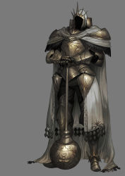 Rule 34 | 1other, ambiguous gender, armor, breastplate, cape, covered face, crown, faulds, full body, grey background, hands on hilt, km yama, mace, margot, armored boots, official art, own hands together, pauldrons, shoulder armor, simple background, solo, standing, waist cape, watermark, weapon, white cape
