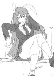 1girl animal_ears ass blazer buttons closed_mouth collared_shirt commentary_request couch crossed_legs dress_shirt greyscale hand_in_own_hair hand_up highres jacket long_hair long_sleeves looking_at_viewer mero_(starfish_jcs) miniskirt monochrome necktie pleated_skirt rabbit_ears rabbit_girl reisen_udongein_inaba shirt simple_background sitting sketch skirt socks solo touhou twitter_username very_long_hair white_background wing_collar